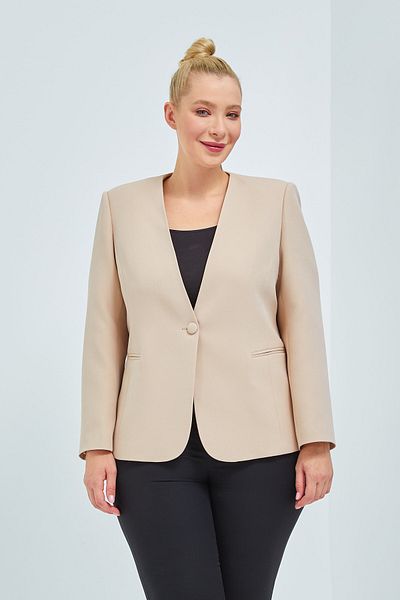 Fagi Women's Large Size V-Neck Single Button Stone Color Jacket
