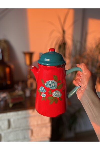 Handmadesign Kapaklı El Yapımı Seramik Sürahi - El Boyaması Çiçekli Kırmızı Mavi
