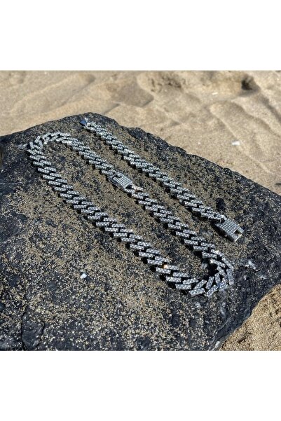 Dreamy Labone Aksesuar Prong Cuban Chain Zincir Silver Kolye Bileklik Set