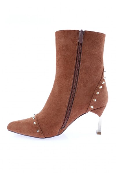 DGN Kadın Troklu Sivri Burun Yandan Fermuarlı Ince Topuklu Bot Taba Süet 212162821
