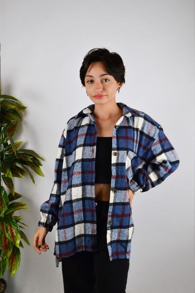 bugia Kadın Mavi Ekose Desenli Kaşe Pamuklu Oduncu Oversize Ceket Gömlek