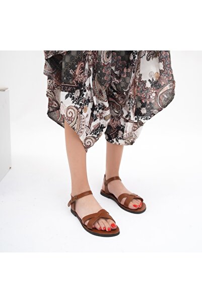 BodrumSandals El Yapımı Hakiki Deri Taba Kadın Sandalet - B4003