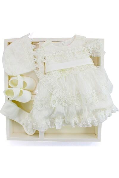 Pugi Baby Şapkali Elbiseli Kız Bebek Mevlüt Takımı Krem