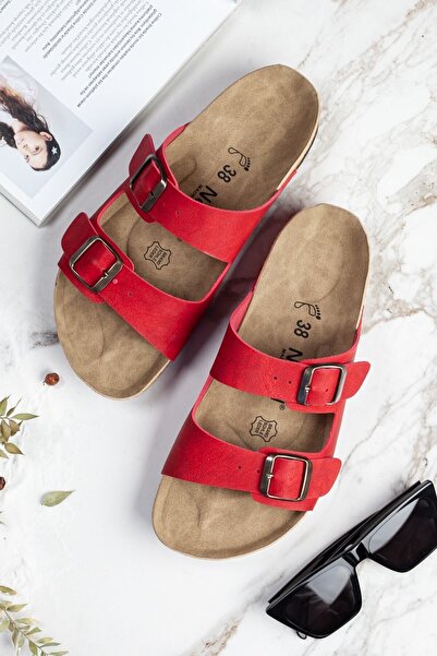 Rona Gifts Kadın Kırmızı Comfort Anatomik Ortopedik Rahat Taban Dolgu Topuklu Çift Tokalı Günlük Terlik