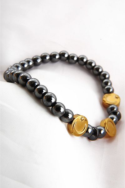 EUROMODA Unisex Stone Beaded Bracelet with Crescent Star, Gold and Smoked Stones
