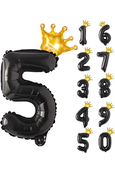 Patladı Gitti 5 Five Black Foil and King Crown Party Celebration Set