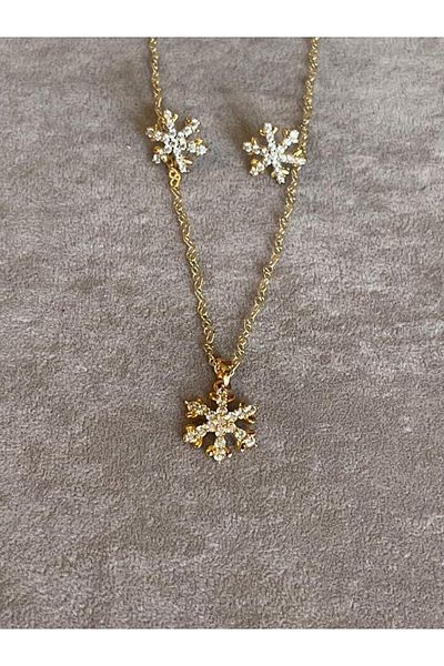 Gönülden Tasarım Zircon Stone Design Snowflake Necklace Earring Set