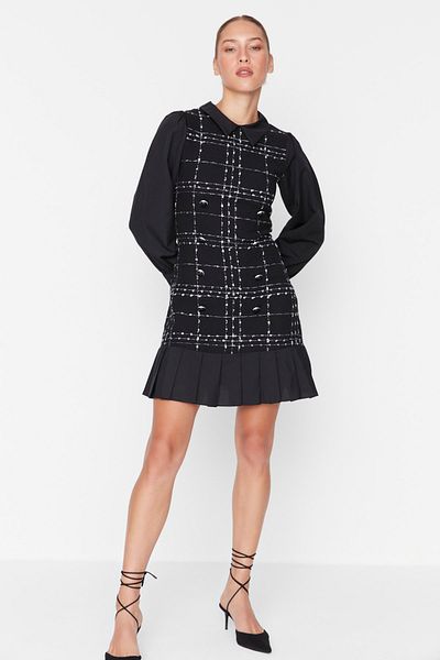 Trendyol Collection Φόρεμα Tweed Woven - Μαύρος γιακάς με λεπτομέρειες TWOAW22EL2414