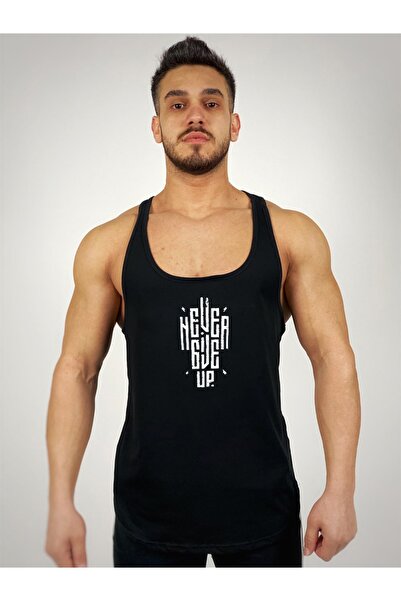Black İstanbul Never Give Up Printed Athlete Tank