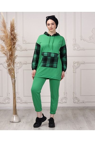 CNG MODA Women's Sleeve Plaid Hooded Tracksuit Set