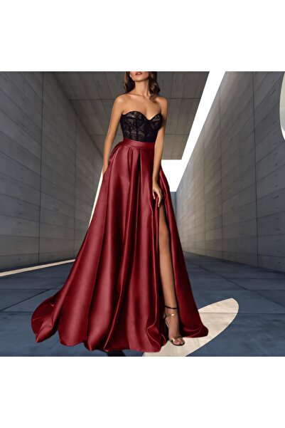 NSM Γυναικεία κομψή μπορντό χρώμα με σκίσιμο Λεπτομερής σατέν πλισέ φούστα σε...