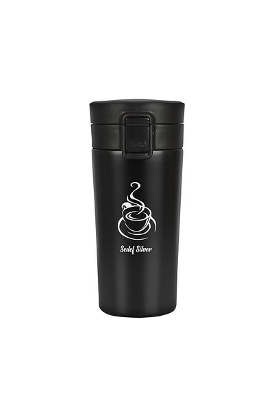 SEDEF SİLVER Mattblack Series Coffee Themed Stainless Steel Small Tea Coffee Thermos Cup