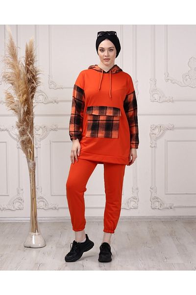 CNG MODA Women's Sleeve Plaid Hooded Tracksuit Set