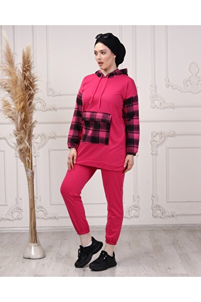 CNG MODA Women's Sleeve Plaid Hooded Tracksuit Set