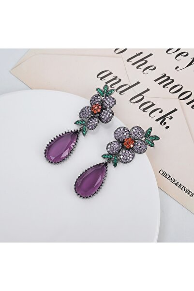 mos&more Zirkon Taşlı Tunç Kaplama Mor Sallanan Küpe