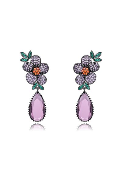 mos&more Zirkon Taşlı Tunç Kaplama Mor Sallanan Küpe