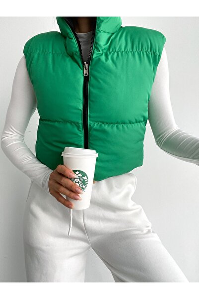 ladyzey Women's Green Black Double Sided Drawstrable Short Puffer Vest