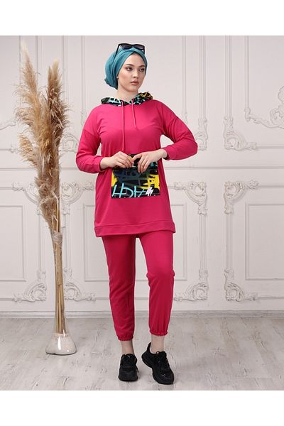 CNG MODA Women's Printed Hooded Stylish Color Detailed Tracksuit Set