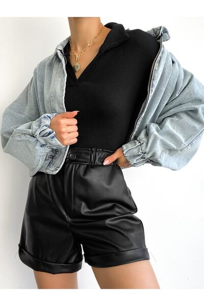 ladyzey Jachetă de damă oversize cu fermoar cu mânecă cu balon, guler de cămașă