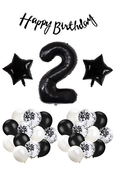 Patladı Gitti Black Concept Celebration Set για γενέθλια 2 ετών - Λευκό μαύρο μπαλόνι με καραμέλα, φύλλο αστεριών αριθμών και μπανάνα