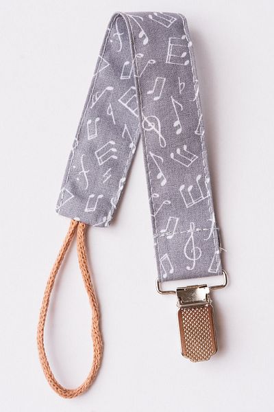 MyVera Gray Musical Note Pacifier Strap - Fabric Cotton Laced Pacifier Chain - Pacifier Holder