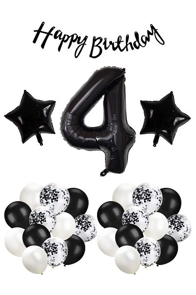 Patladı Gitti Black Concept Celebration Set for 4 Years Birthday - White Black Balloon, Numeral Star Foil and Bann