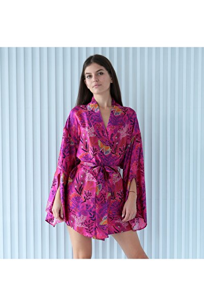 ROSILY %100 Ipek Pembe Desenli Kısa Kimono / Sabahlık