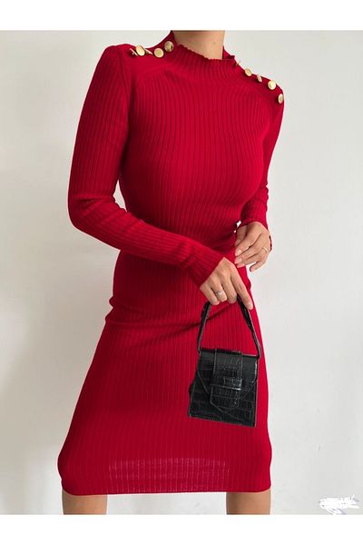 Secret Passion Lingerie Button Detail Half Fisherman Red Knitwear Midi Length Evening Dress and Graduation Dress 0107 711