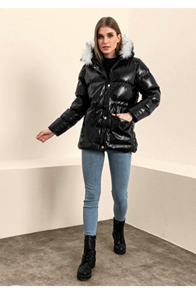 BelezaStore Palton din piele gonflabilă pentru femei cu blană