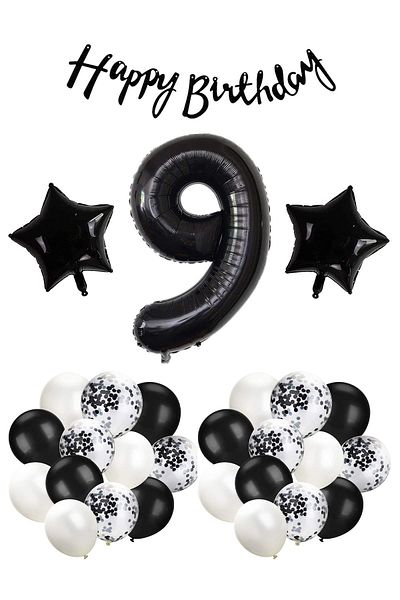 Patladı Gitti 9 Years Birthday Black Concept Celebration Set - White Black Balloon, Figures Star Foil and Bann