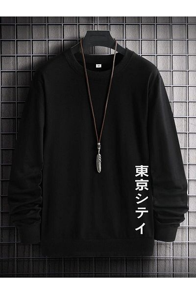Machetta Φούτερ Unisex Crew Neck Μαύρο Ιαπωνικό εμπριμέ μεγάλου μεγέθους