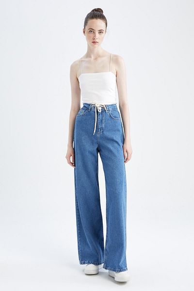DeFacto Wide Leg High Waist Lace Detailed Jean 100% Cotton Trousers