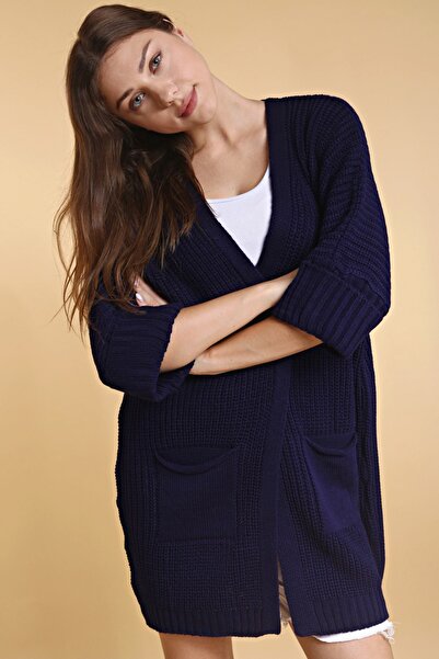 Devinka Oversize Γυναικεία Πλεκτή Ζακέτα με μακριά τσέπη Navy Blue