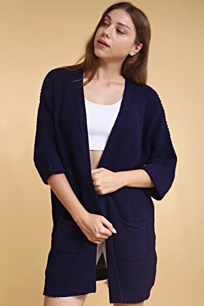 Devinka Oversize Γυναικεία Πλεκτή Ζακέτα με μακριά τσέπη Navy Blue