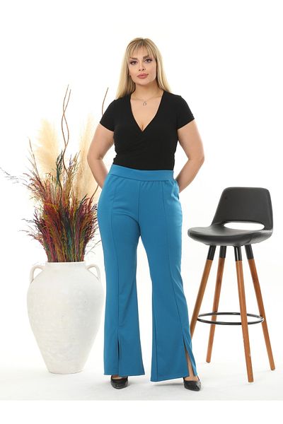 LİKRA Women's Large Size Front Slit Flare Leg Flexible Steel Interlock Trousers