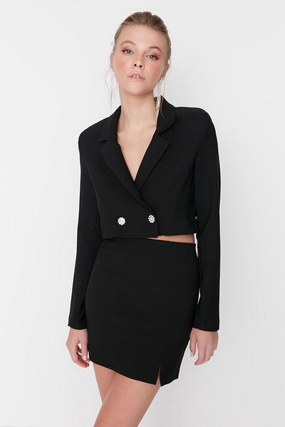 Trendyol Collection Czarna szczegółowa marynarka z kamiennymi guzikami TPRAW23CE00009
