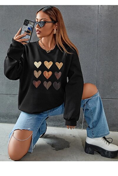 Deocept Μαύρο φούτερ Unisex Heart Printed Oversize