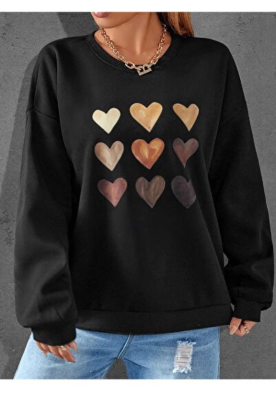 Deocept Μαύρο φούτερ Unisex Heart Printed Oversize