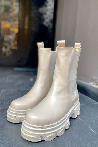 SHOEBELLAS Romalda Nude Δερμάτινες Ελαστικές Γυναικείες Μπότες