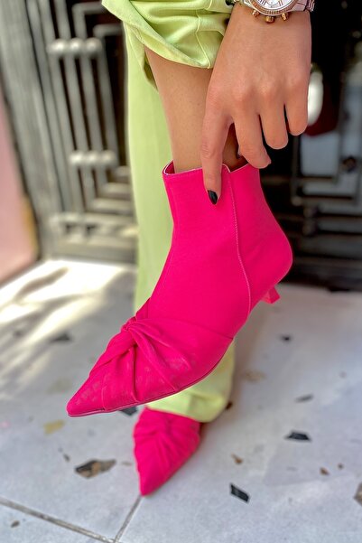 SHOEBELLAS Lucia Fuşya Mat Saten Büzgülü Kadın Topuklu Bot