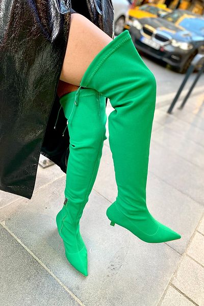 SHOEBELLAS Γυναικείες μπότες με τακούνι πάνω από το γόνατο Belenda Green Matte Stretch