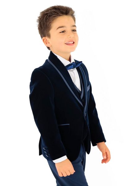SIRRI Boy's Vest Jacket Trousers 3 Pieces Navy Blue Velvet Suit