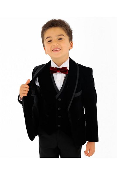SIRRI Boy's Vest Jacket Trousers 3 Pieces Black Velvet Suit