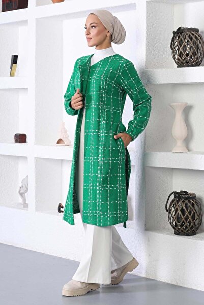 Modamihram Kemerli Kaşe Kaban Yeşil