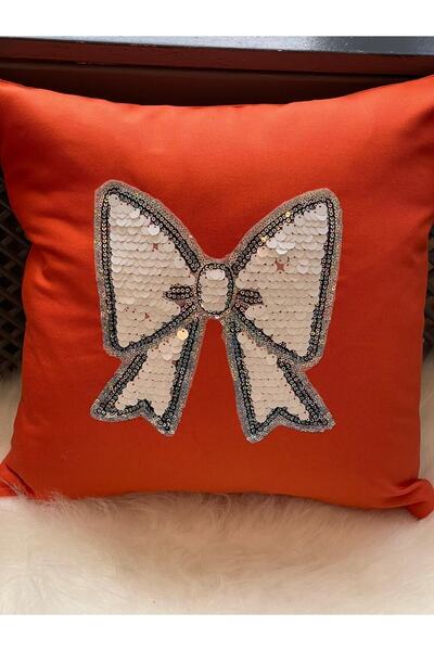 Gönülden Tasarım Kelebek Fiyonk Pul Payetli Kırlent Yastık Kılıfı 40x40