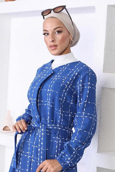 Modamihram Blue Stamp Coat - Belted, MİH10768