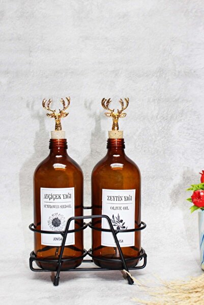Jenisa Amber Şişe 500 Ml Siyah Standlı Altın Geyik Tıpalı Yağdanlık Yağlık