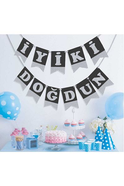 Kazanabil Happy Birthday Written Sparkling Pennant Flag Wall Decoration Silver