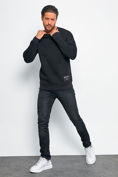 MRS CLOTHING Defend Men's Black Oversize Casual Crew Neck Woolen Comfortable Sports Sweatshirt