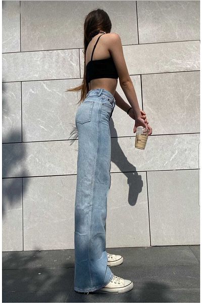 Ramrod Blugi Ricra cu talie înaltă largi, albastru mediu, din denim